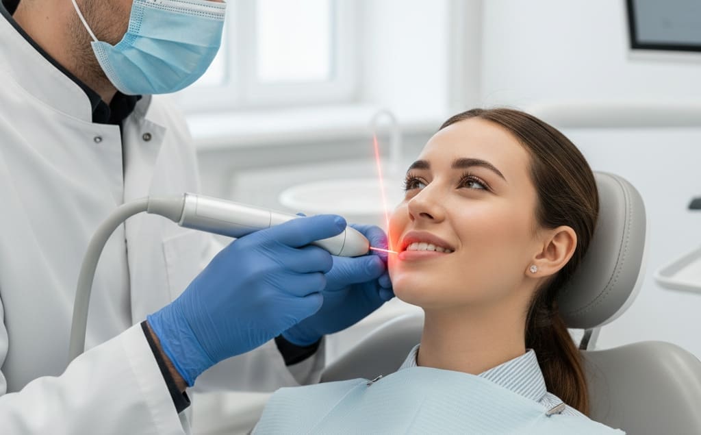 Patient receiving pain-free laser dental treatment in a modern clinic