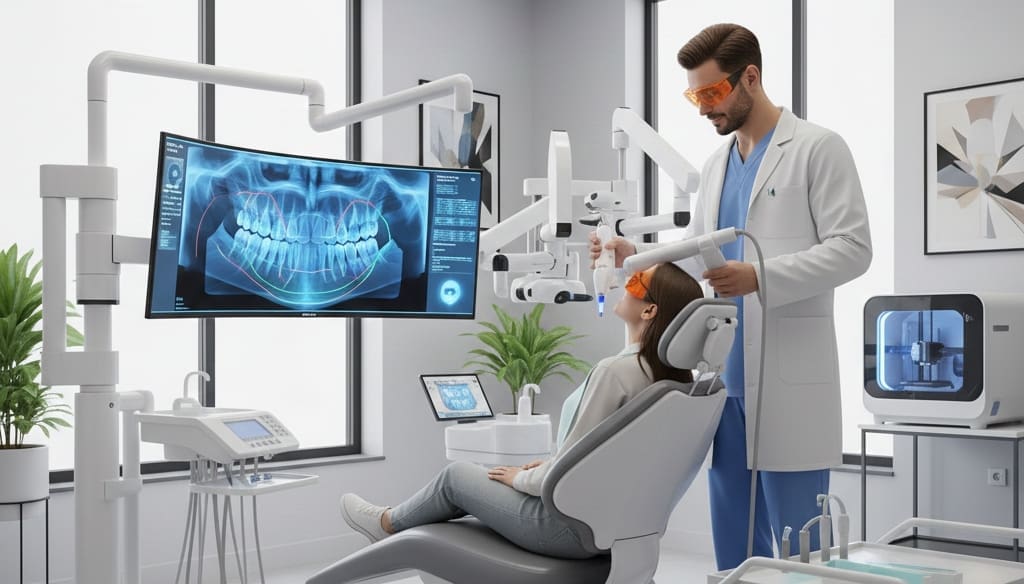 Dentist performing gentle laser dental treatment in modern clinic