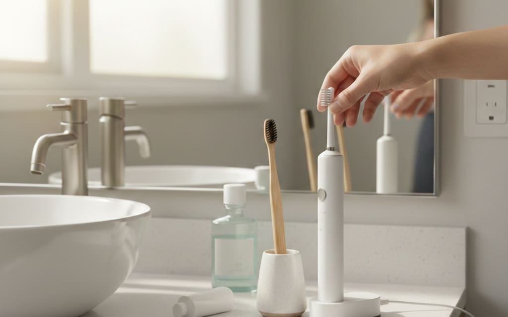Manual and electric toothbrush comparison on bathroom counter