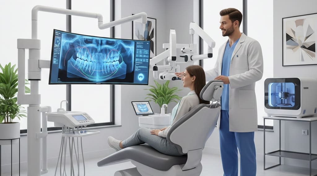 Dentist using advanced AI and digital dental imaging during patient consultation