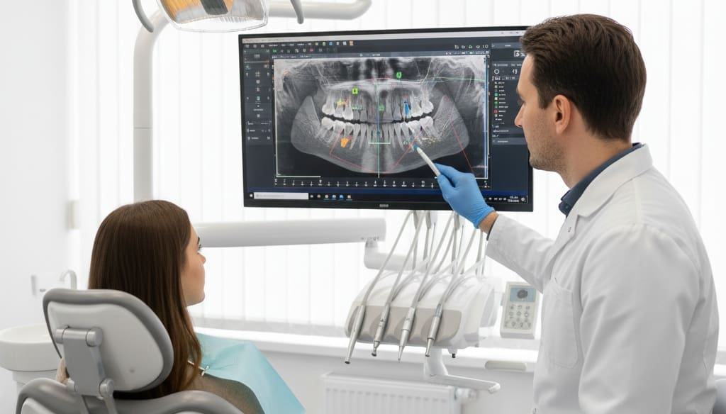 Dentist reviewing modern digital dental scan using advanced technology in clinic