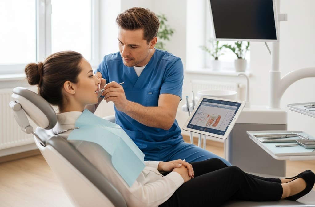 Dentist monitoring dental treatment progress during a follow-up visit