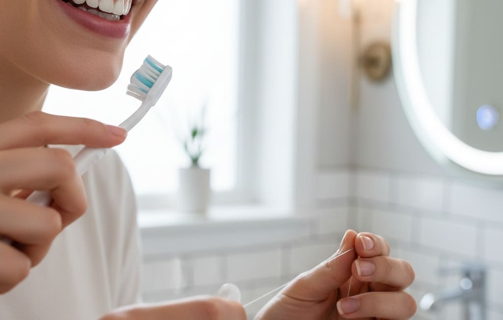 Diabetic patient practicing good oral hygiene with brushing and flossing to prevent gum disease