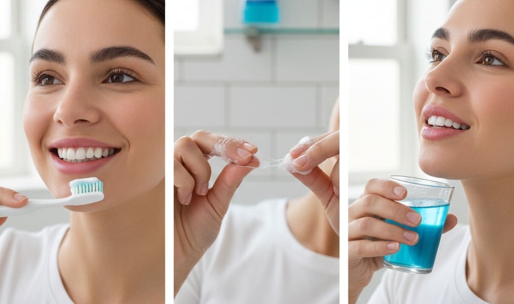 Person practicing oral hygiene with brushing, flossing, and mouthwash to prevent early periodontitis