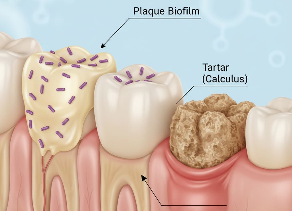 Illustration of plaque turning into tartar on teeth and causing gum inflammation