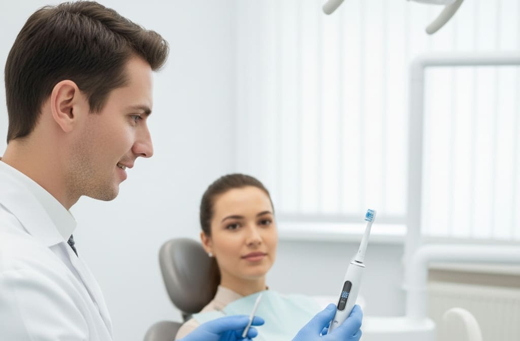Dentist discussing preventive dental care and smart toothbrush habits with patient