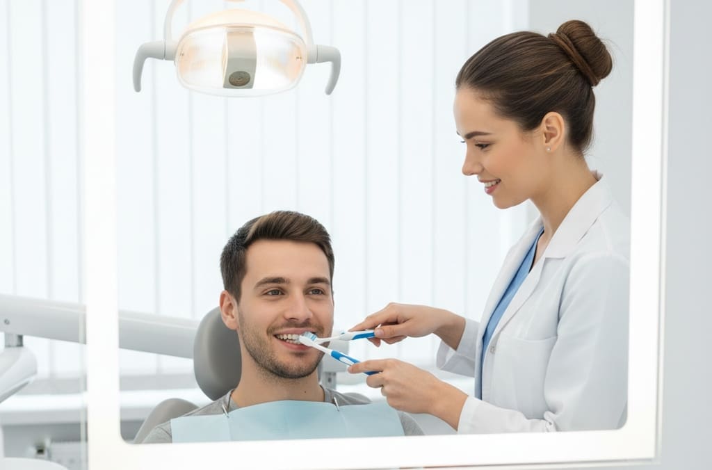 Dentist demonstrating proper manual toothbrushing technique