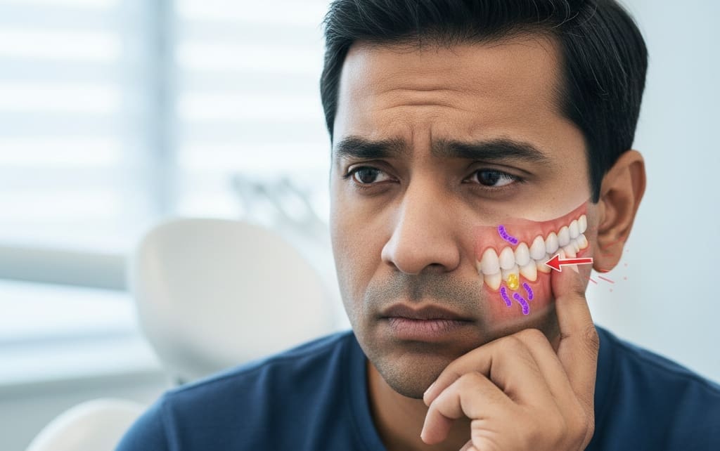 Person experiencing stress affecting oral health and gum comfort