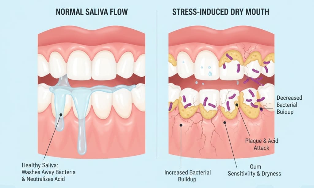 Reduced saliva flow during stress affecting oral health and gum comfort