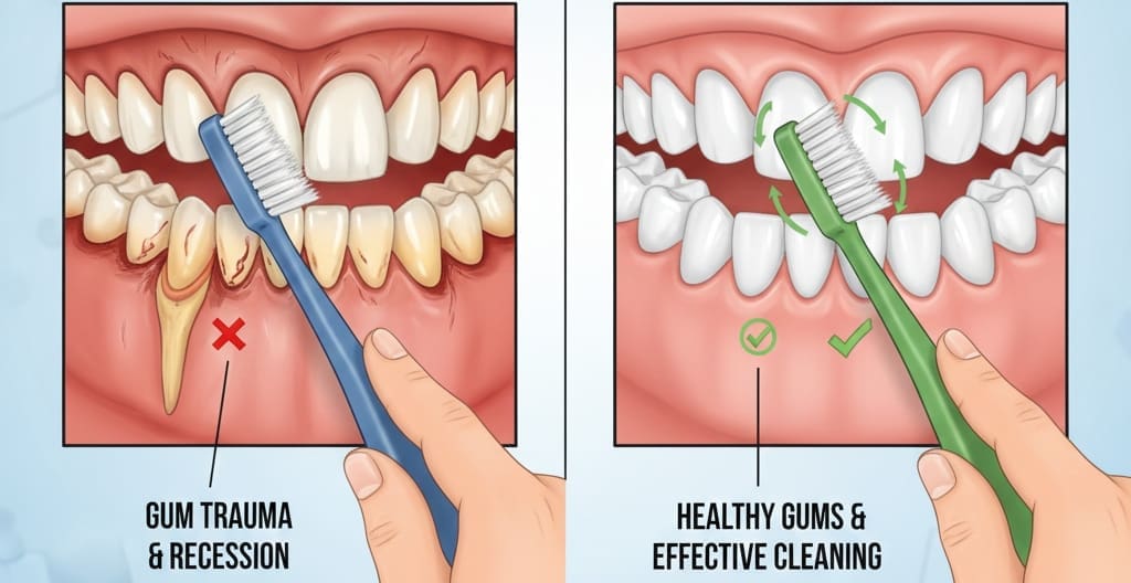 Illustration comparing hard-bristle and soft-bristle toothbrushes showing gum damage and proper brushing